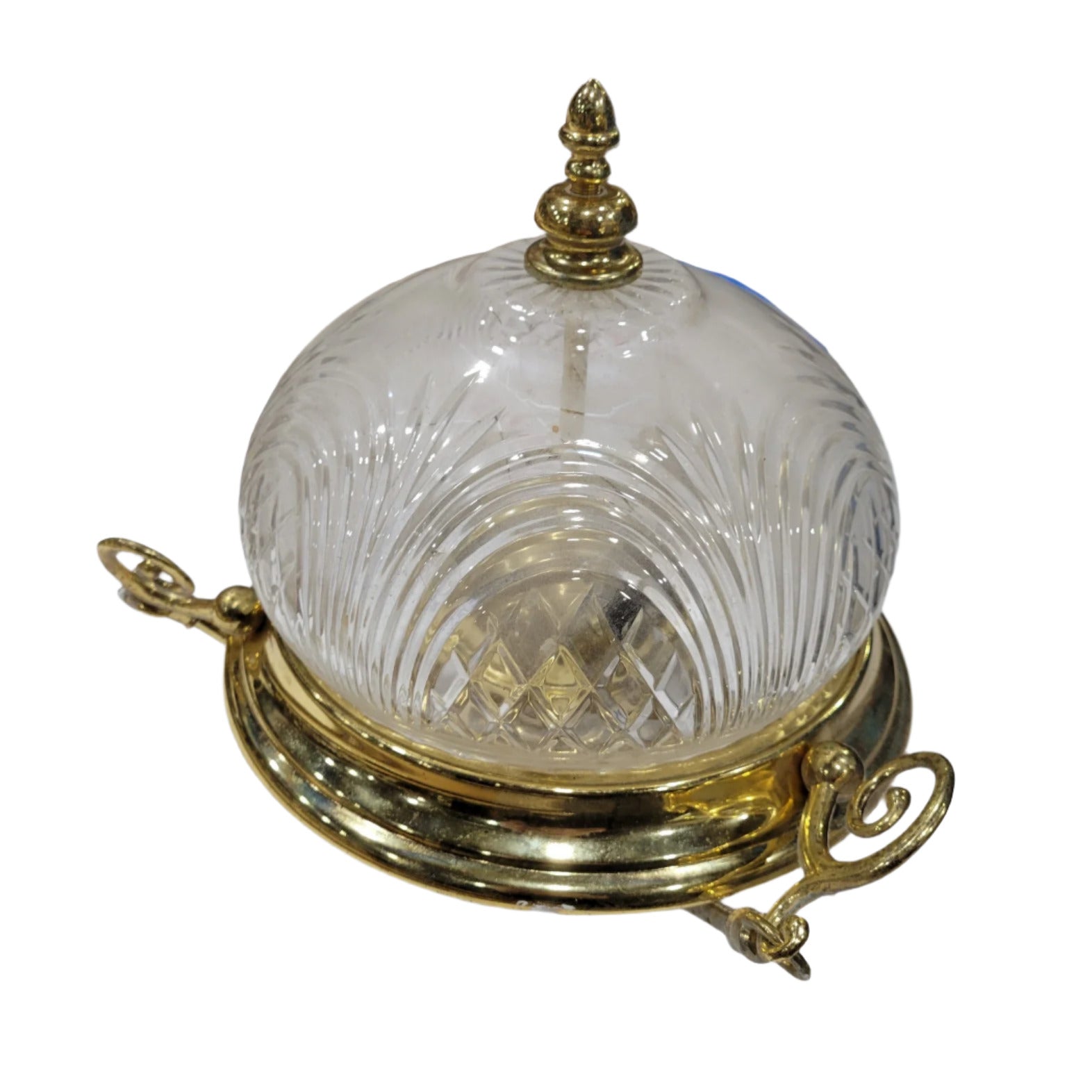 Brass and Cut Glass Semi-Flush Mount Light Fixture
