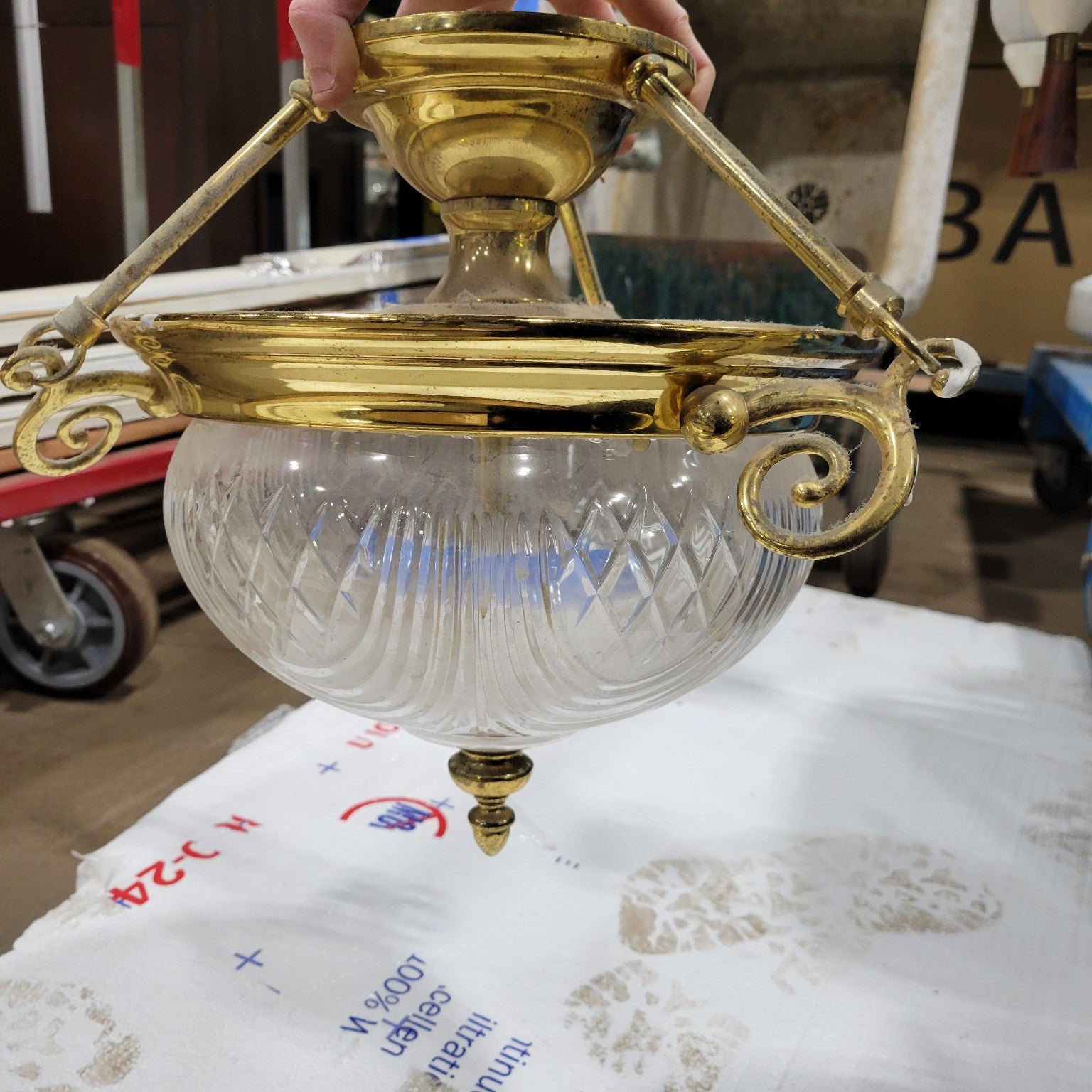 Brass and Cut Glass Semi-Flush Mount Light Fixture