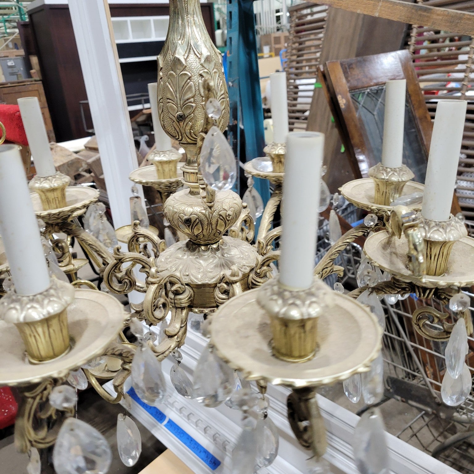 Ornate Brass Chandelier with Crystal Accents
