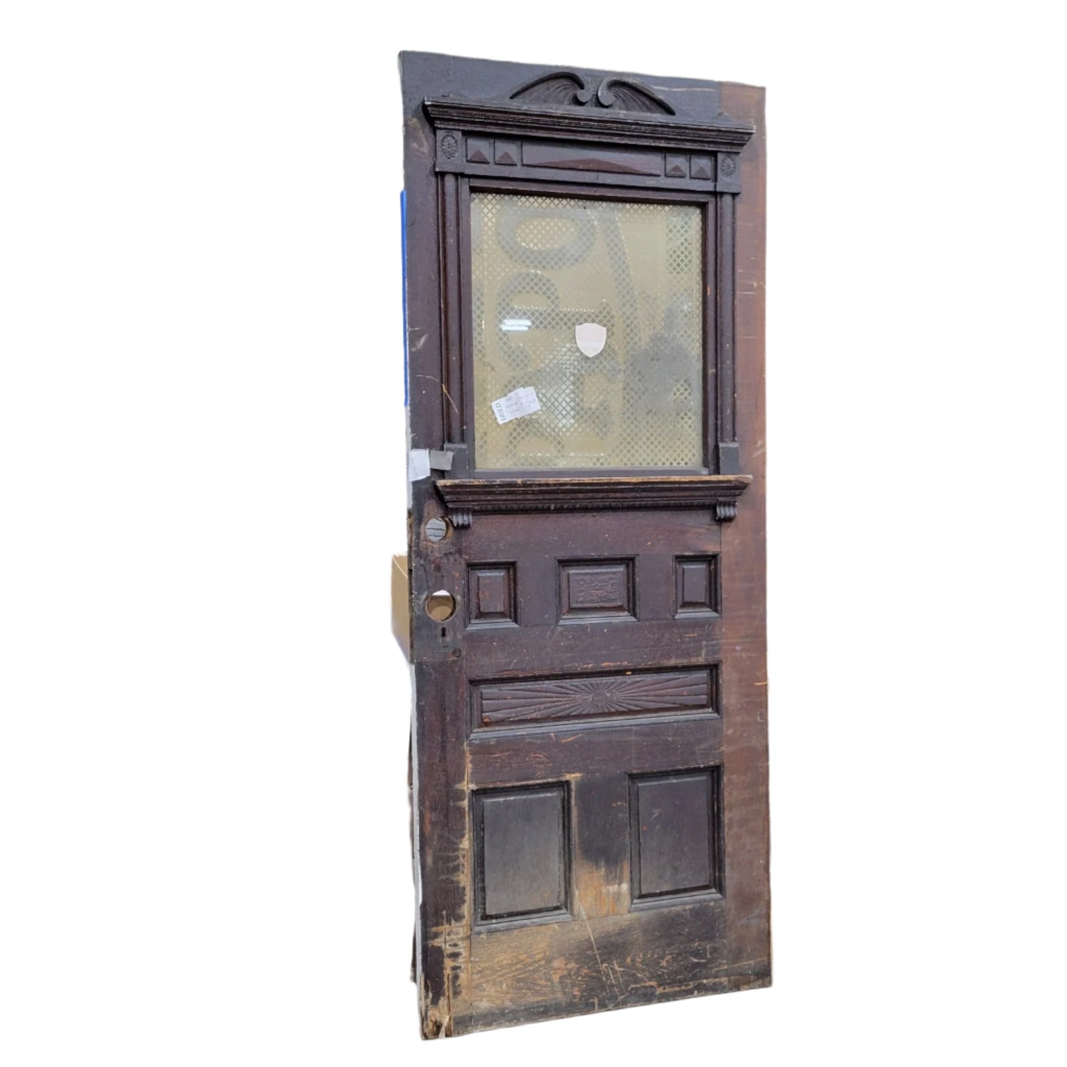 Antique Carved Wooden Door with Glass Panel