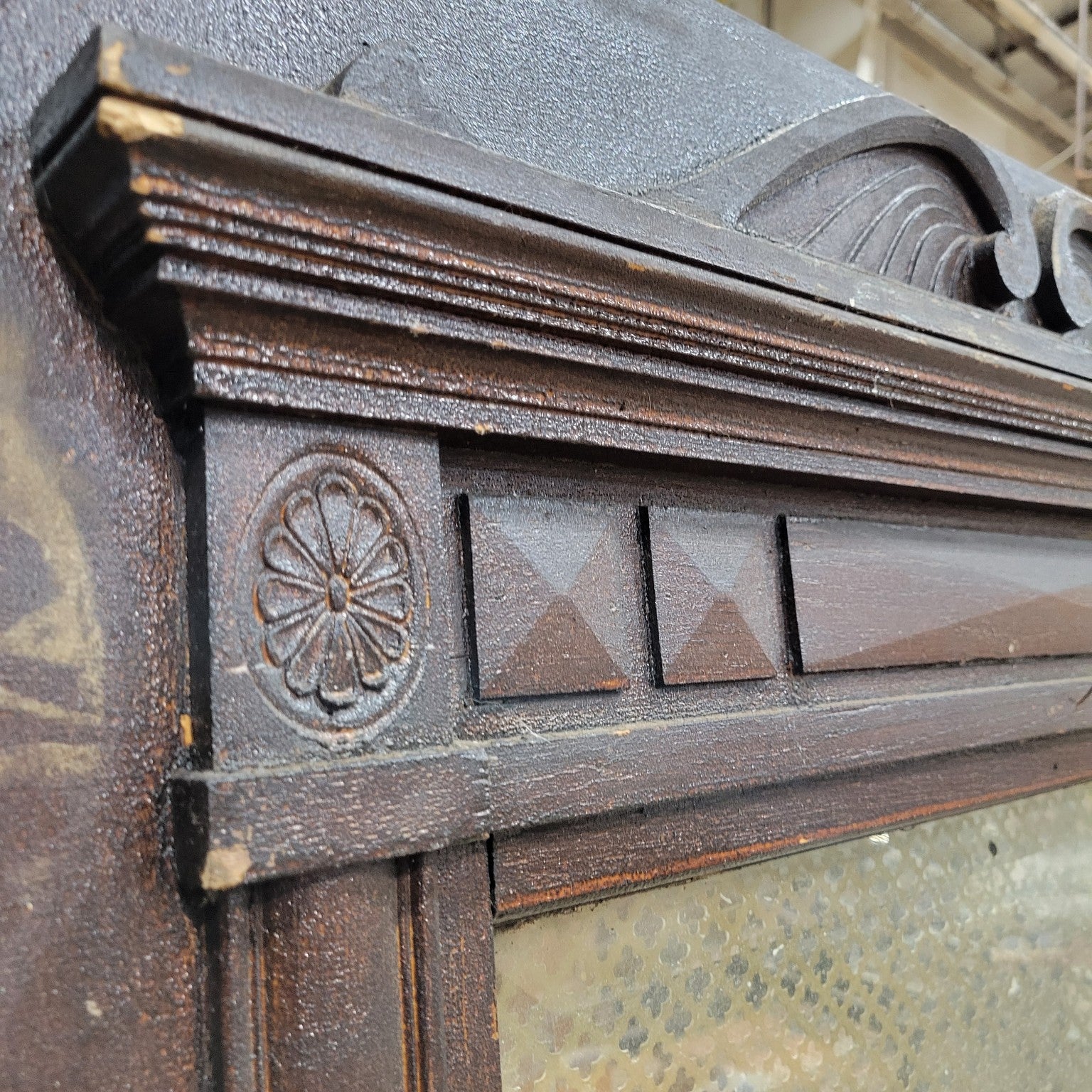 Antique Carved Wooden Door with Glass Panel