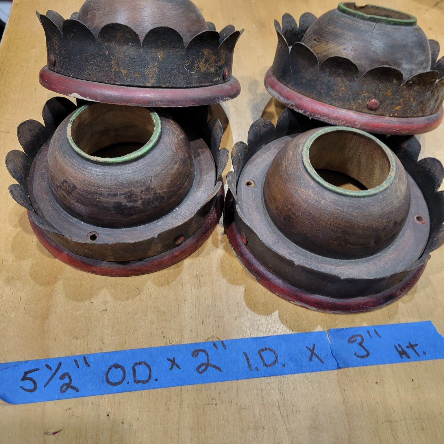 Vintage Handmade Turned Wood & Scalloped Tin Light Plates (Single Piece)