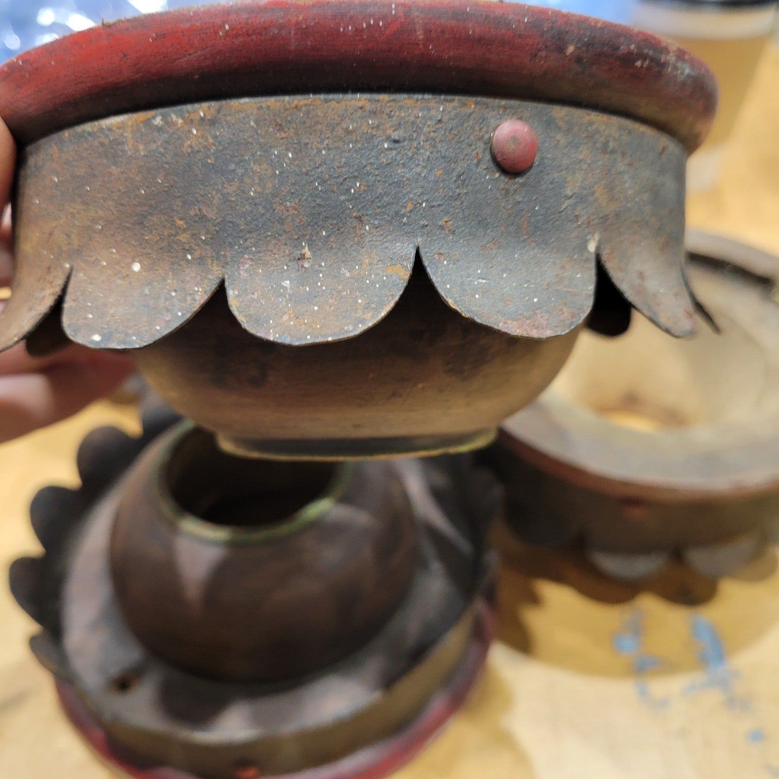 Vintage Handmade Turned Wood & Scalloped Tin Light Plates (Single Piece)