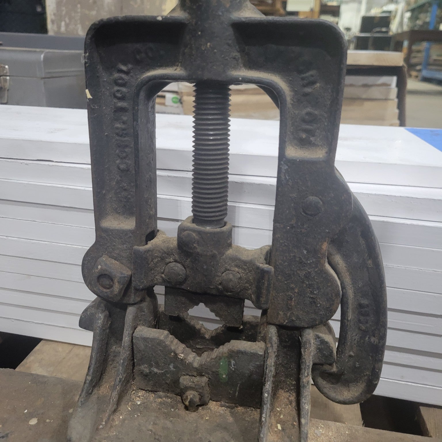 Antique Columbian No. 2 Pipe Vise on Metal Work Table