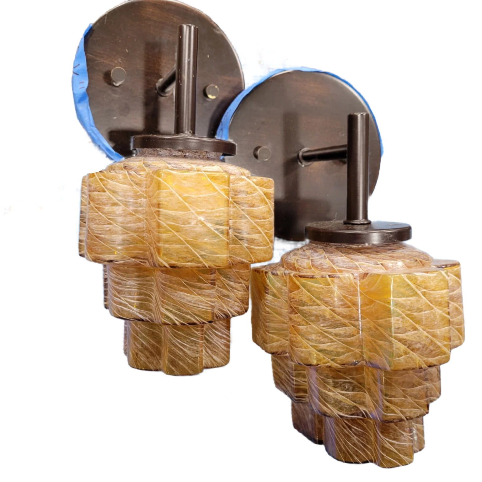 Mid-Century Modern Amber Swirl Glass Wall Sconces (Pair)