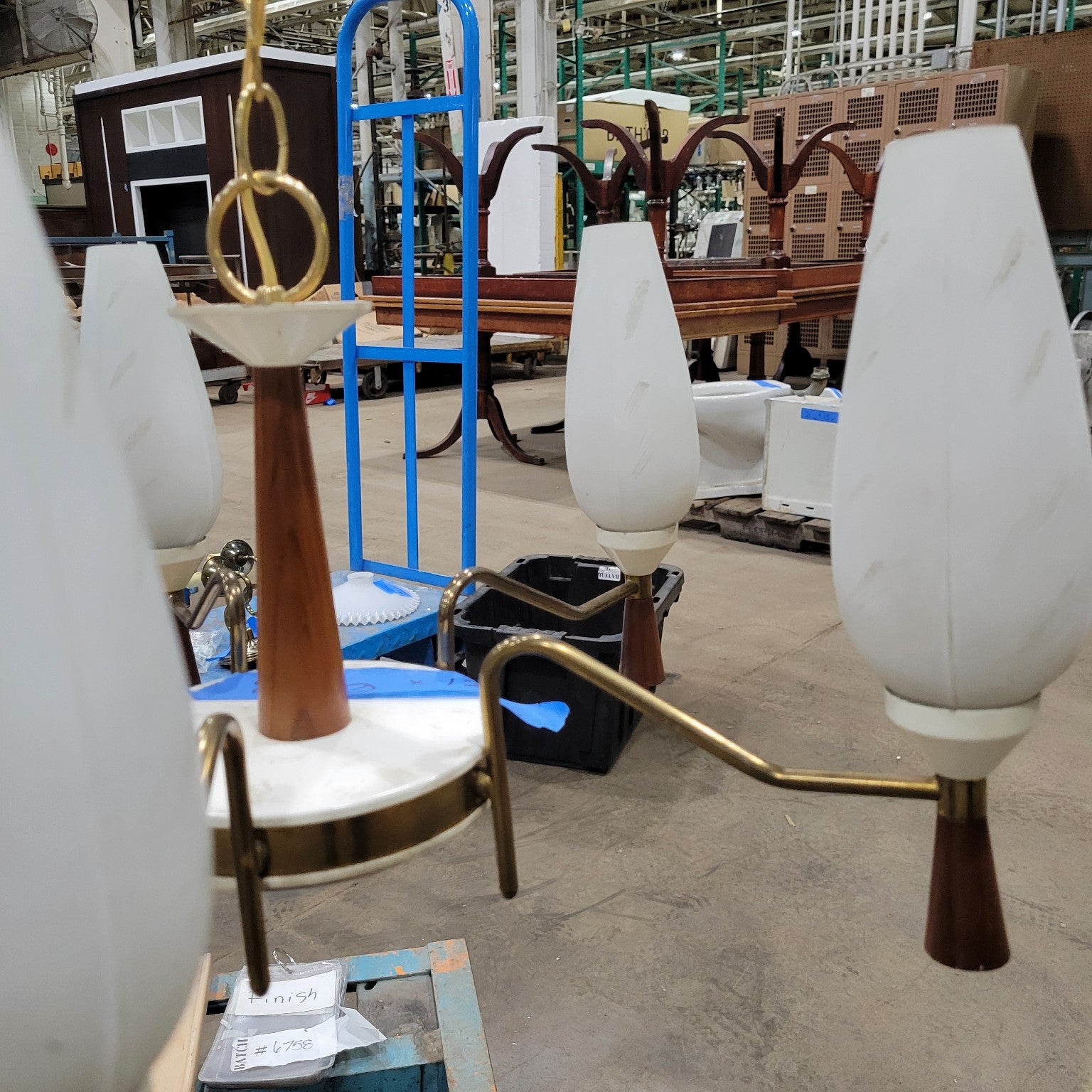 Mid-Century Modern Brass & Wood 6-Light Chandelier