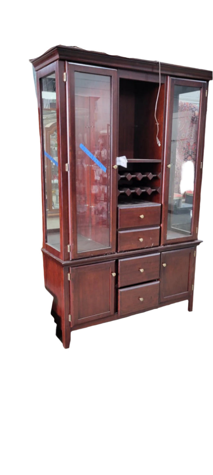 Mahogany China Cabinet with Glass Shelves and Wine Storage