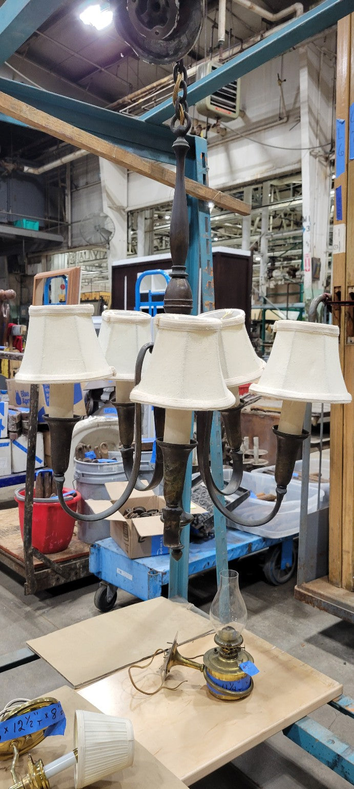 Vintage Brass Chandelier with Fabric Shades