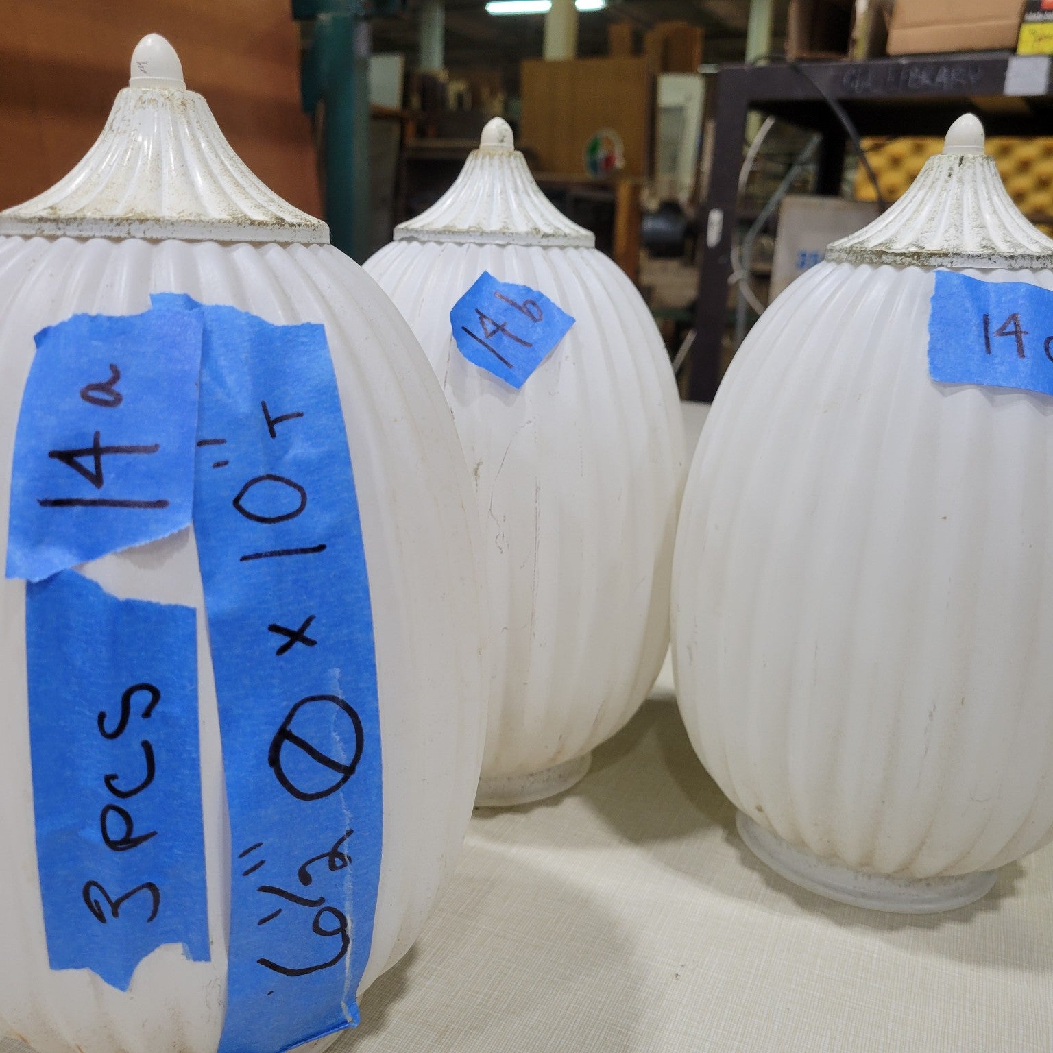 Set of Three Ribbed White Glass Light Globes
