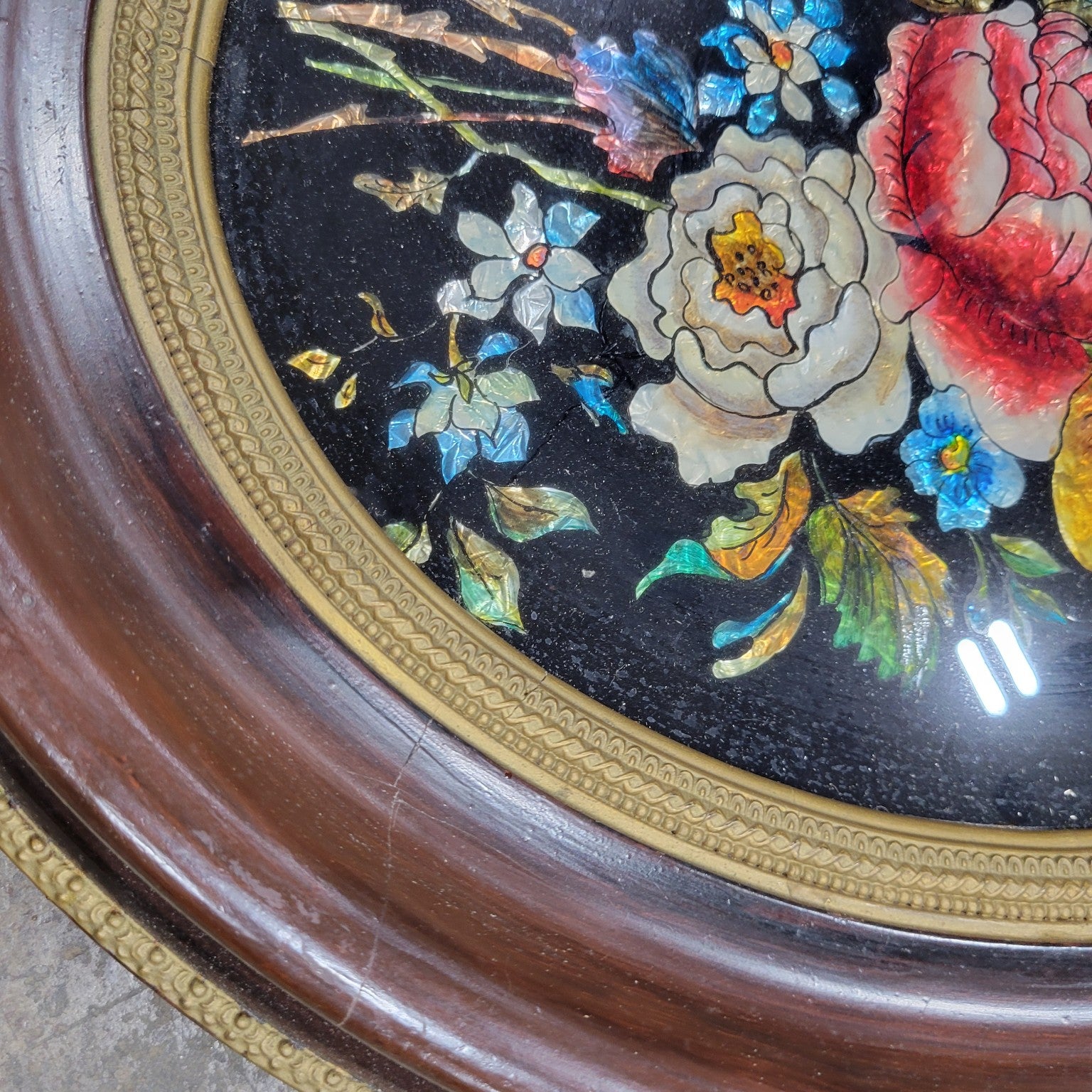 Antique Reverse-Painted Floral Oval Artwork
