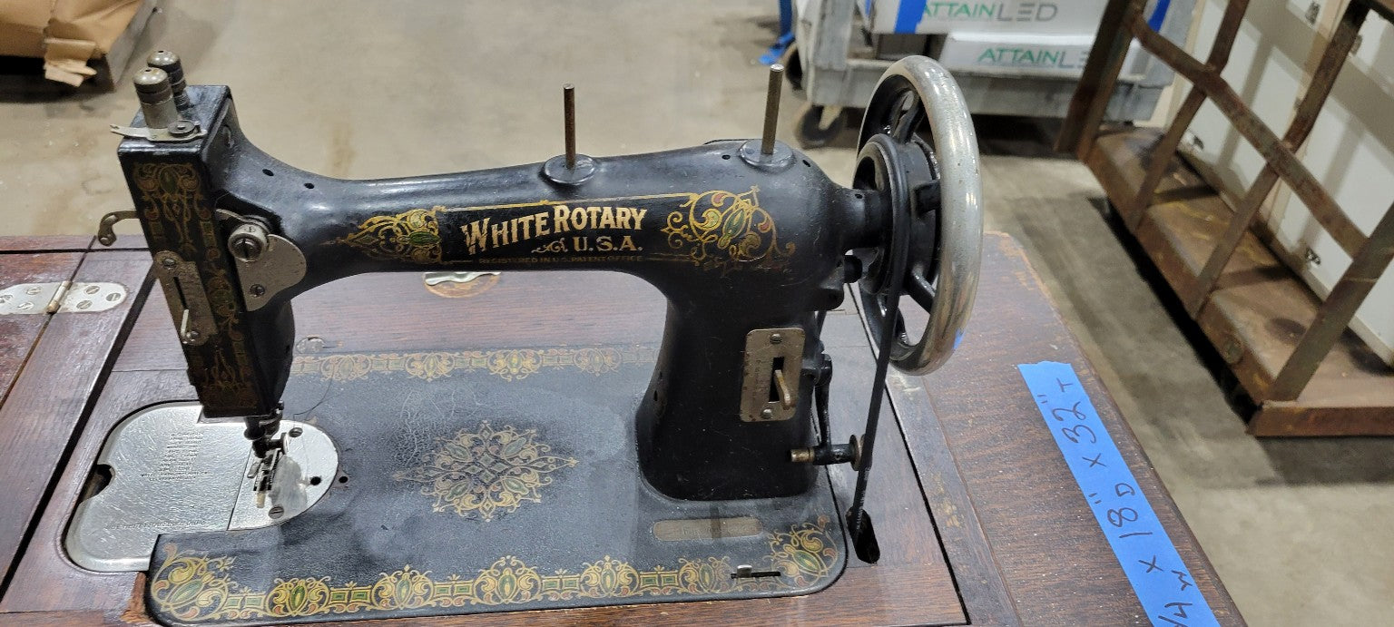 Antique White Rotary Treadle Sewing Machine with Cabinet