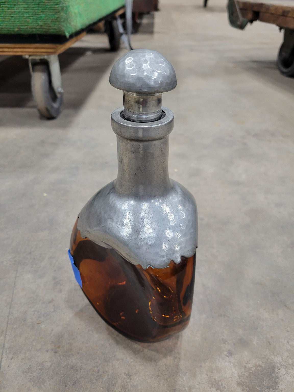 Amber Glass Decanter with Hammered Pewter Collar and Stopper