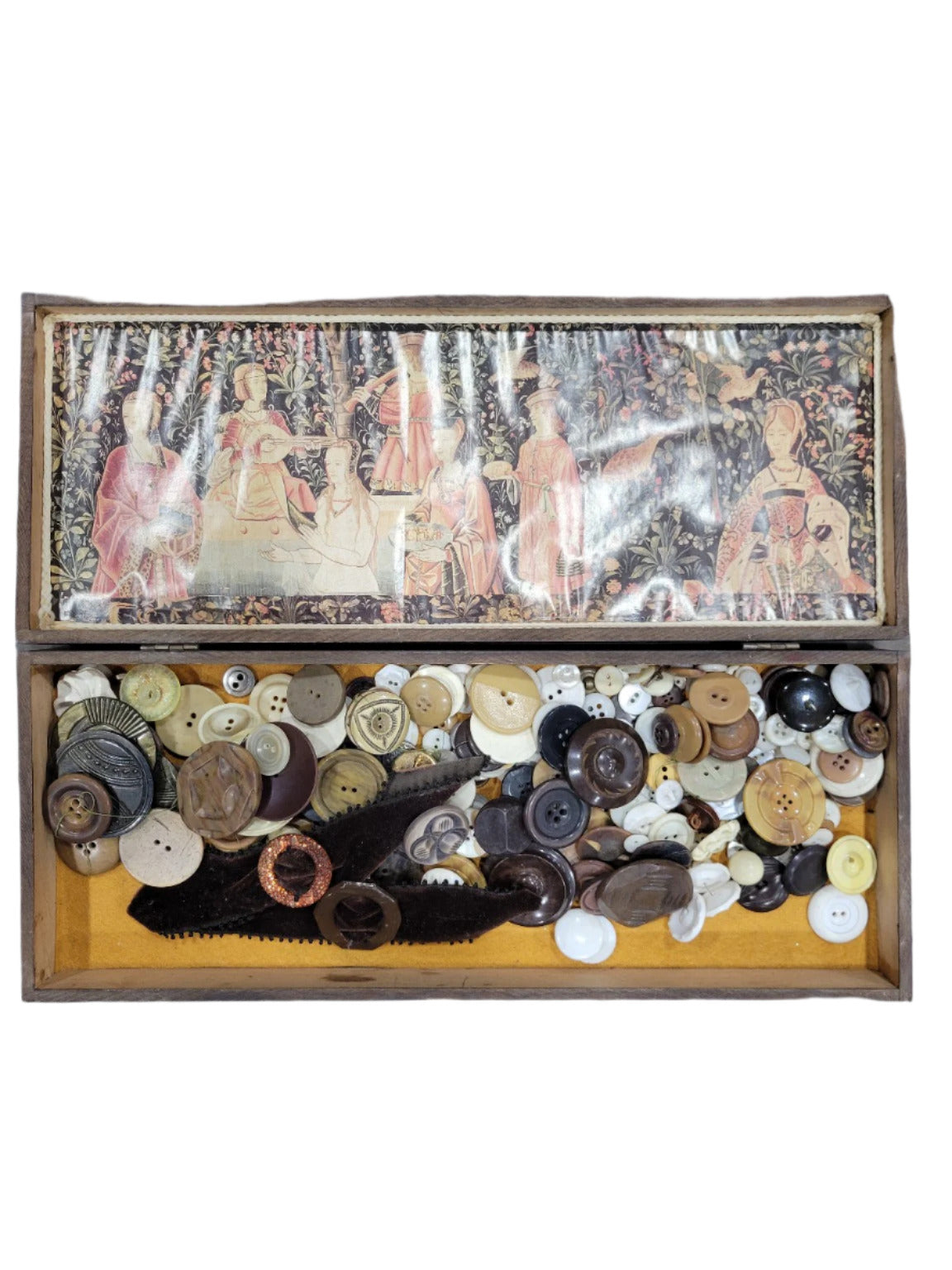 Wooden Sewing Box with Vintage Buttons