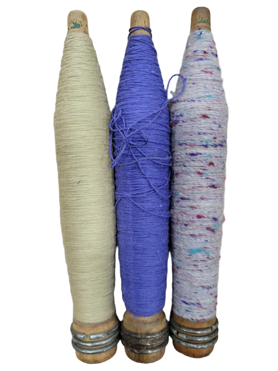 Set of 3 Vintage Wooden Textile Spindles with Yarn