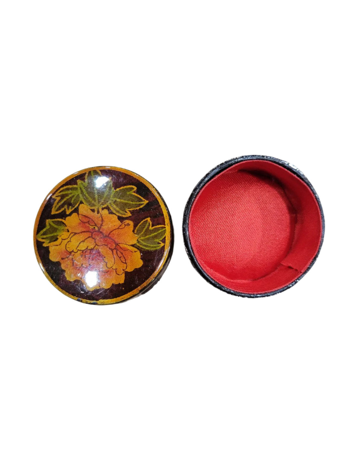 Hand-Painted Floral Trinket Box with Red Lined Interior