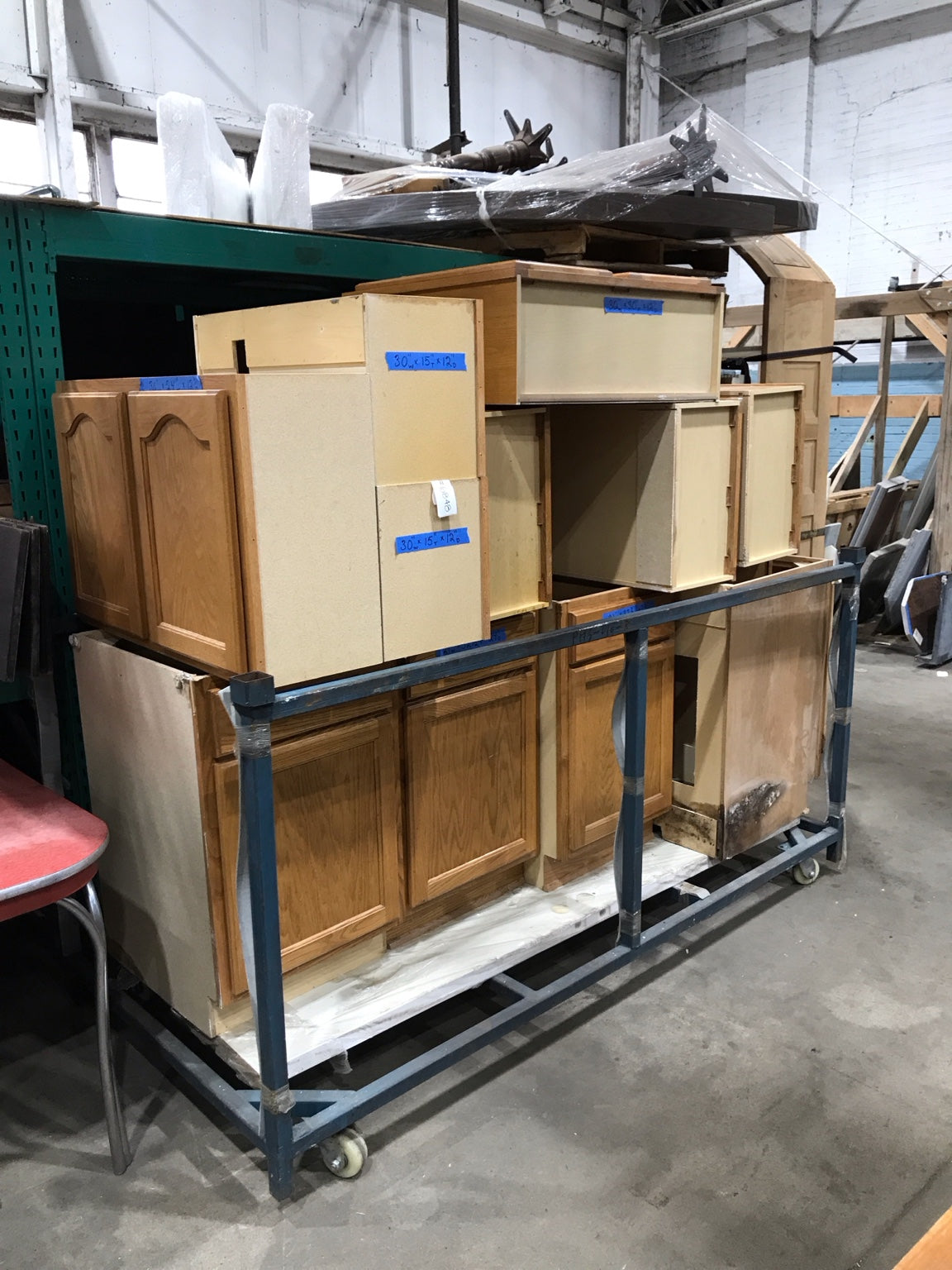 Salvaged Modular Kitchen Cabinet Lot – Honey Oak & MDF, 12 Units