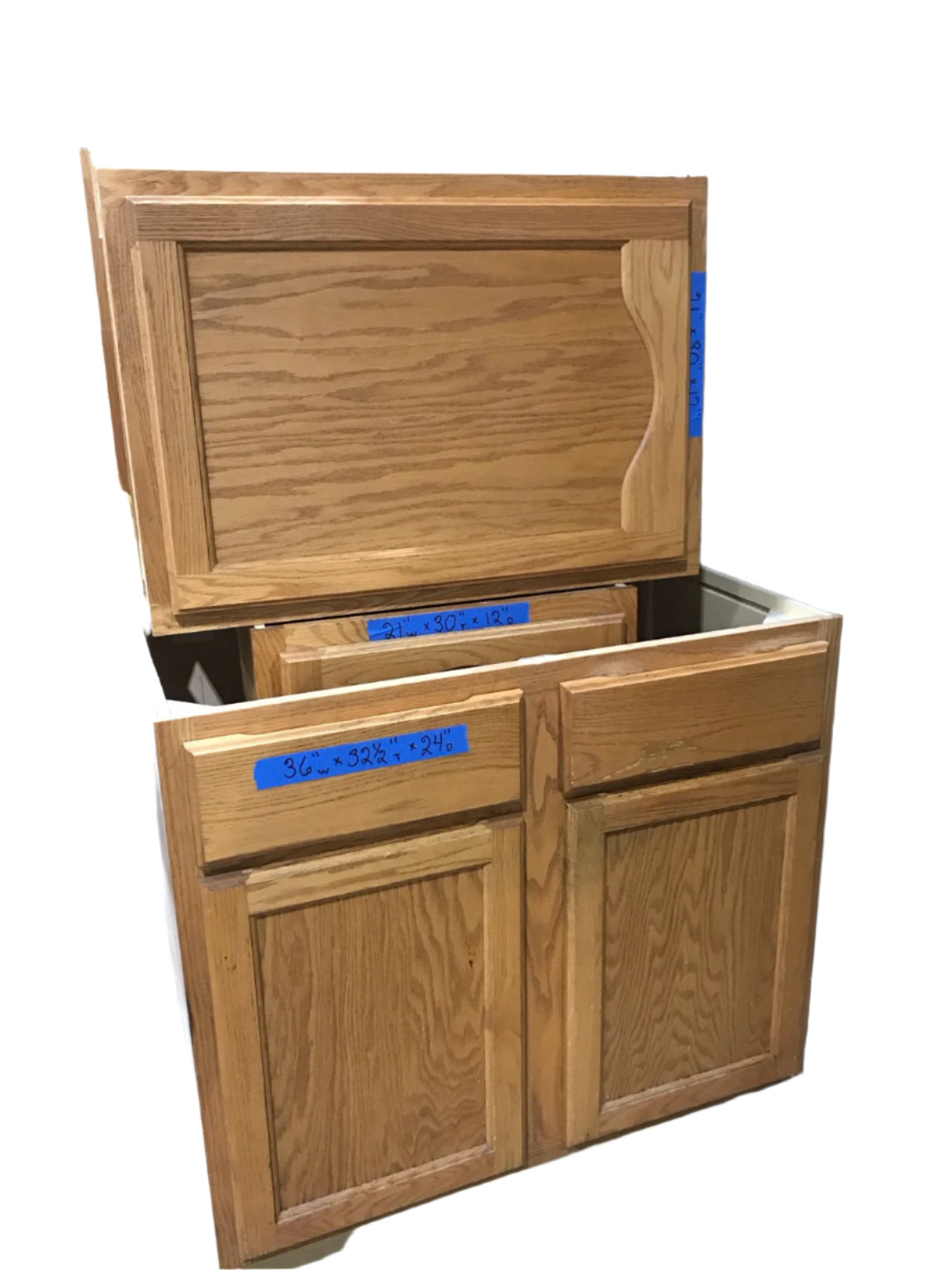 Salvaged Modular Kitchen Cabinet Lot – Honey Oak & MDF, 12 Units