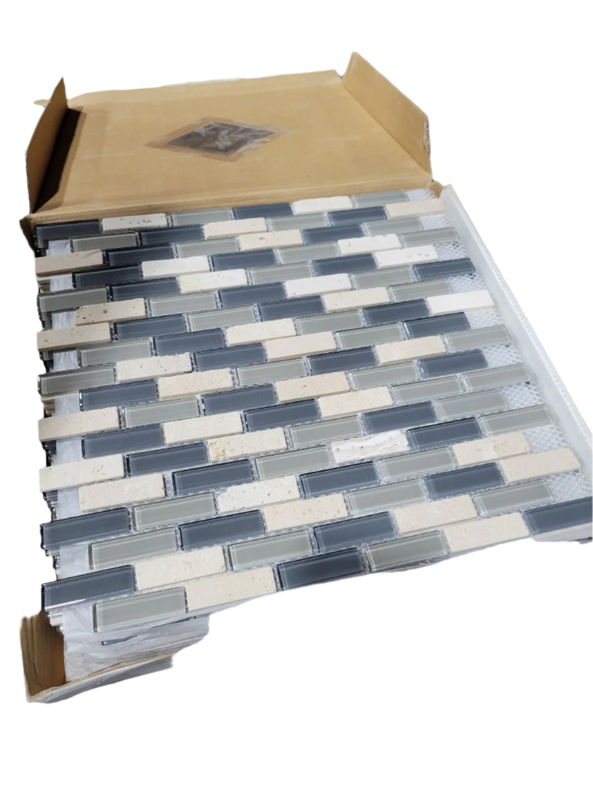 Box of Mosaic Wall Tiles – White Travertine & Grey Glass Mix