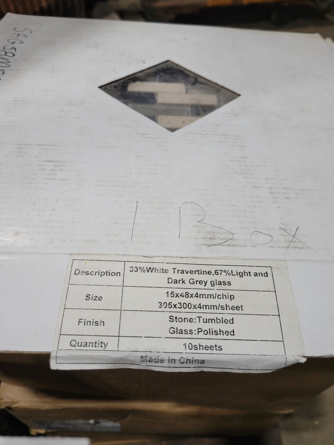 Box of Mosaic Wall Tiles – White Travertine & Grey Glass Mix