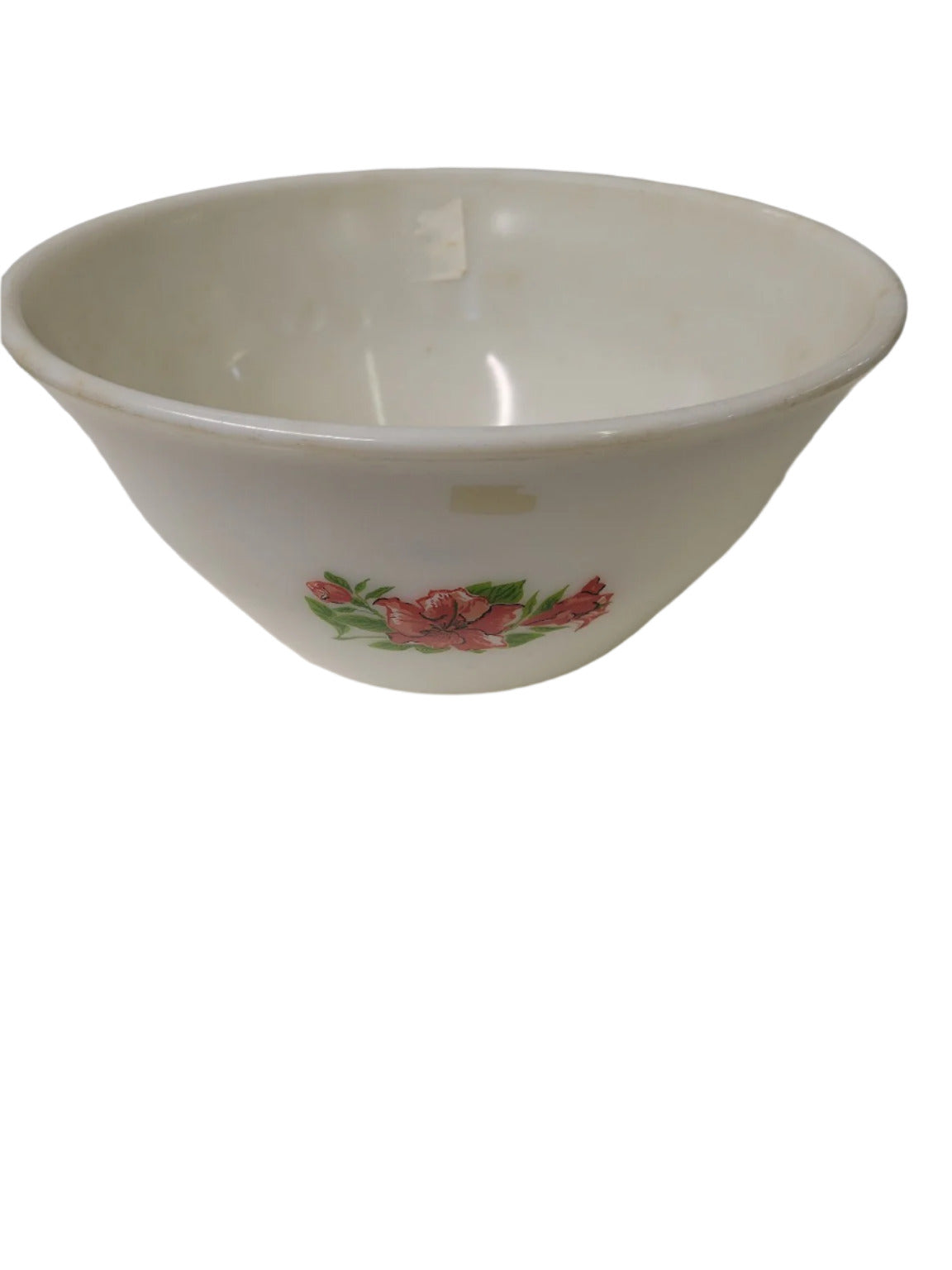 McKee Glass Mixing Bowl – White Milk Glass with Red Floral Motif