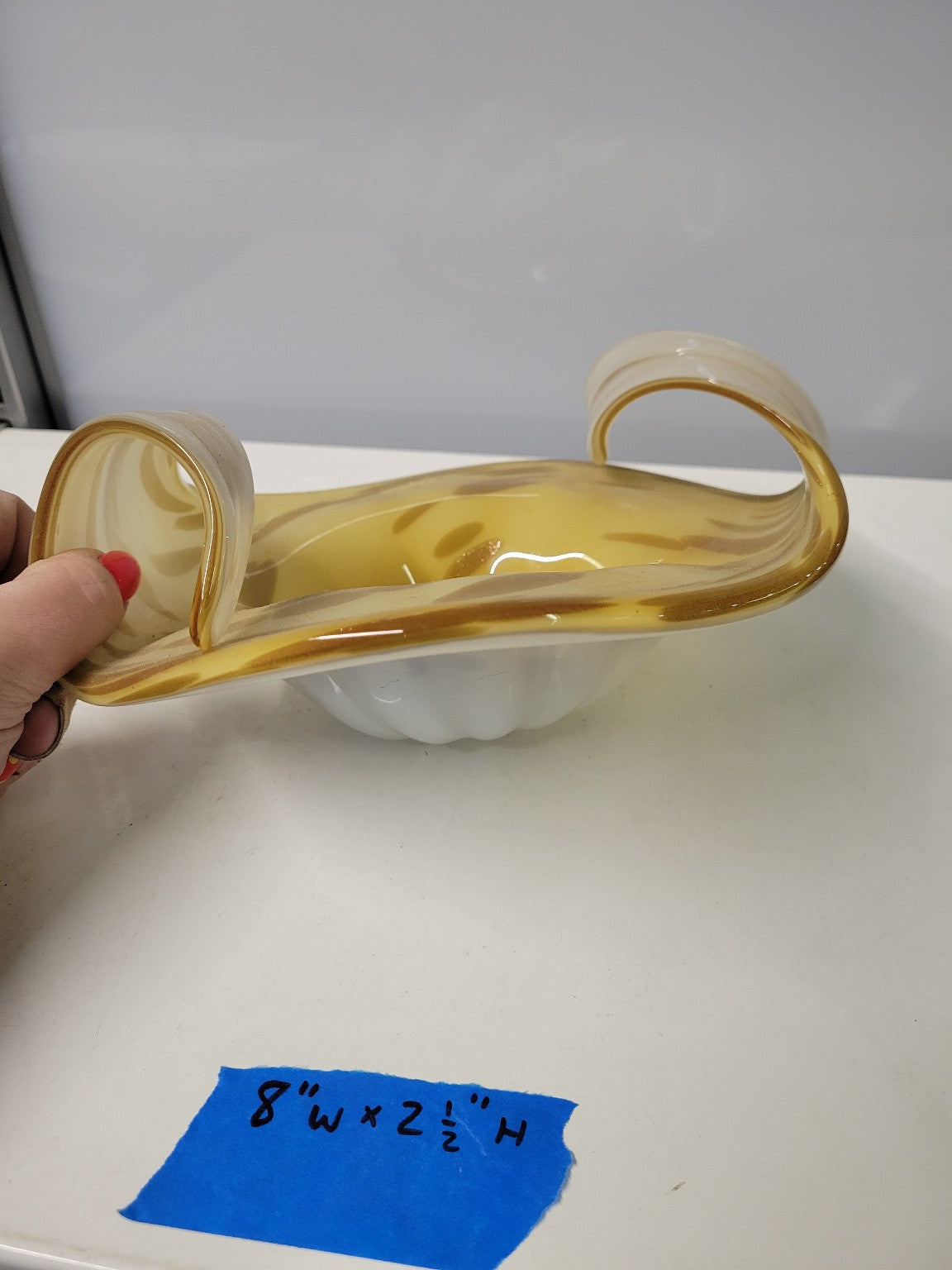 Hand-Blown Amber Art Glass Bowl with Rolled Handles