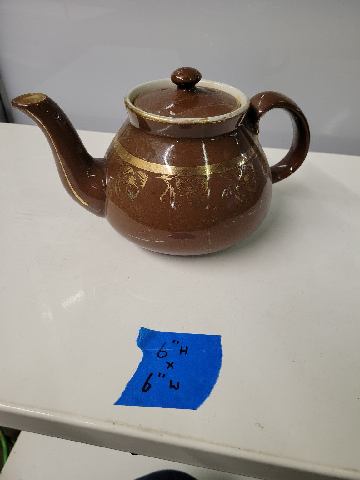 Brown Glazed Ceramic Teapot with Gold Floral Band