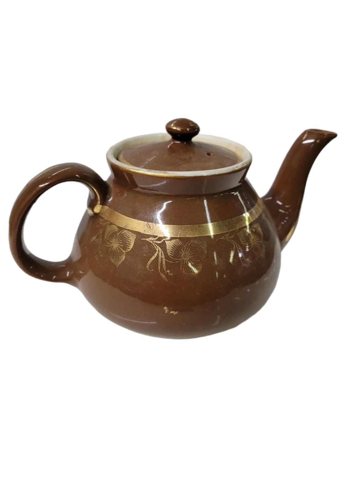 Brown Glazed Ceramic Teapot with Gold Floral Band