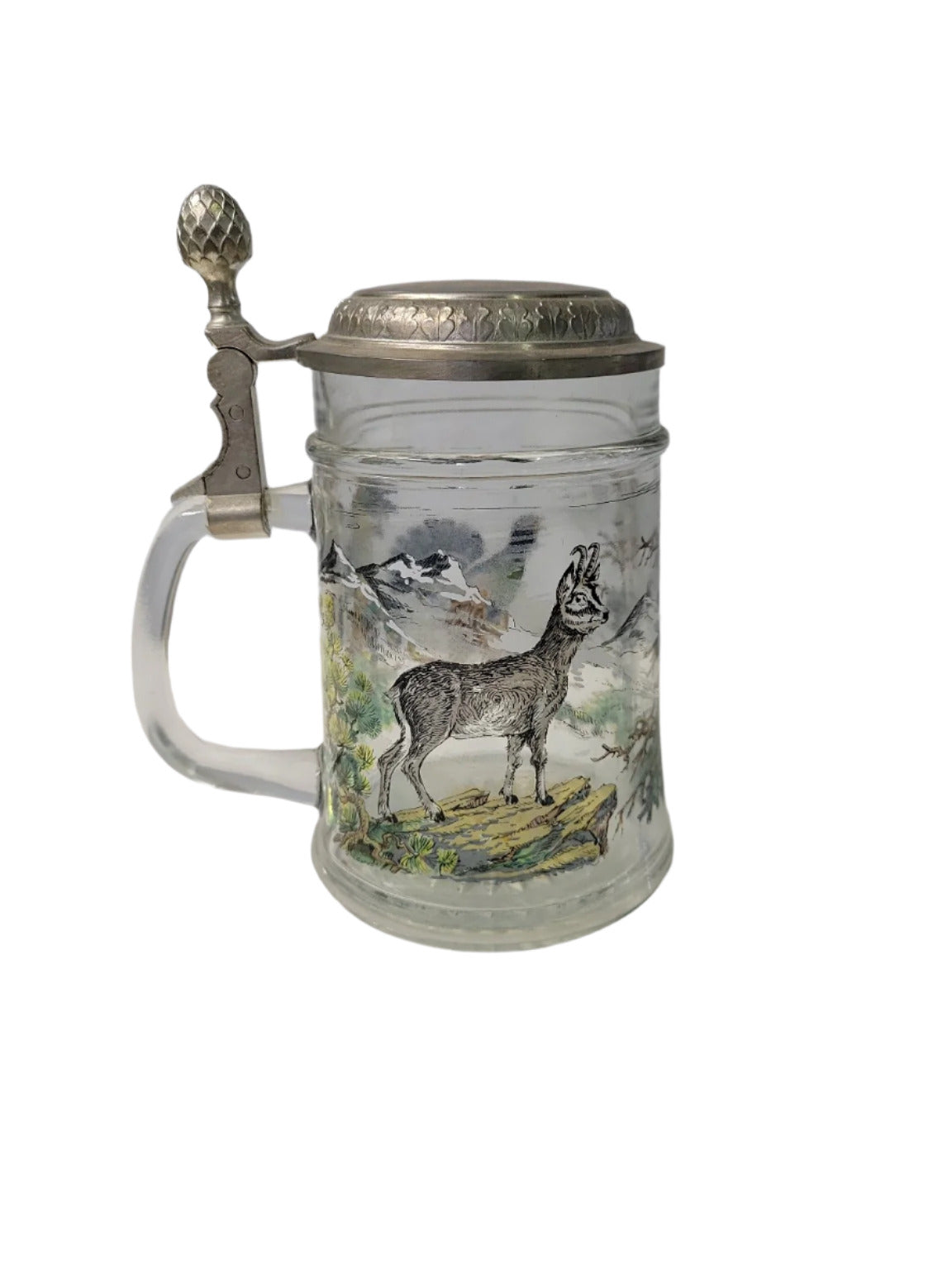 German Glass Beer Stein with Pewter Lid