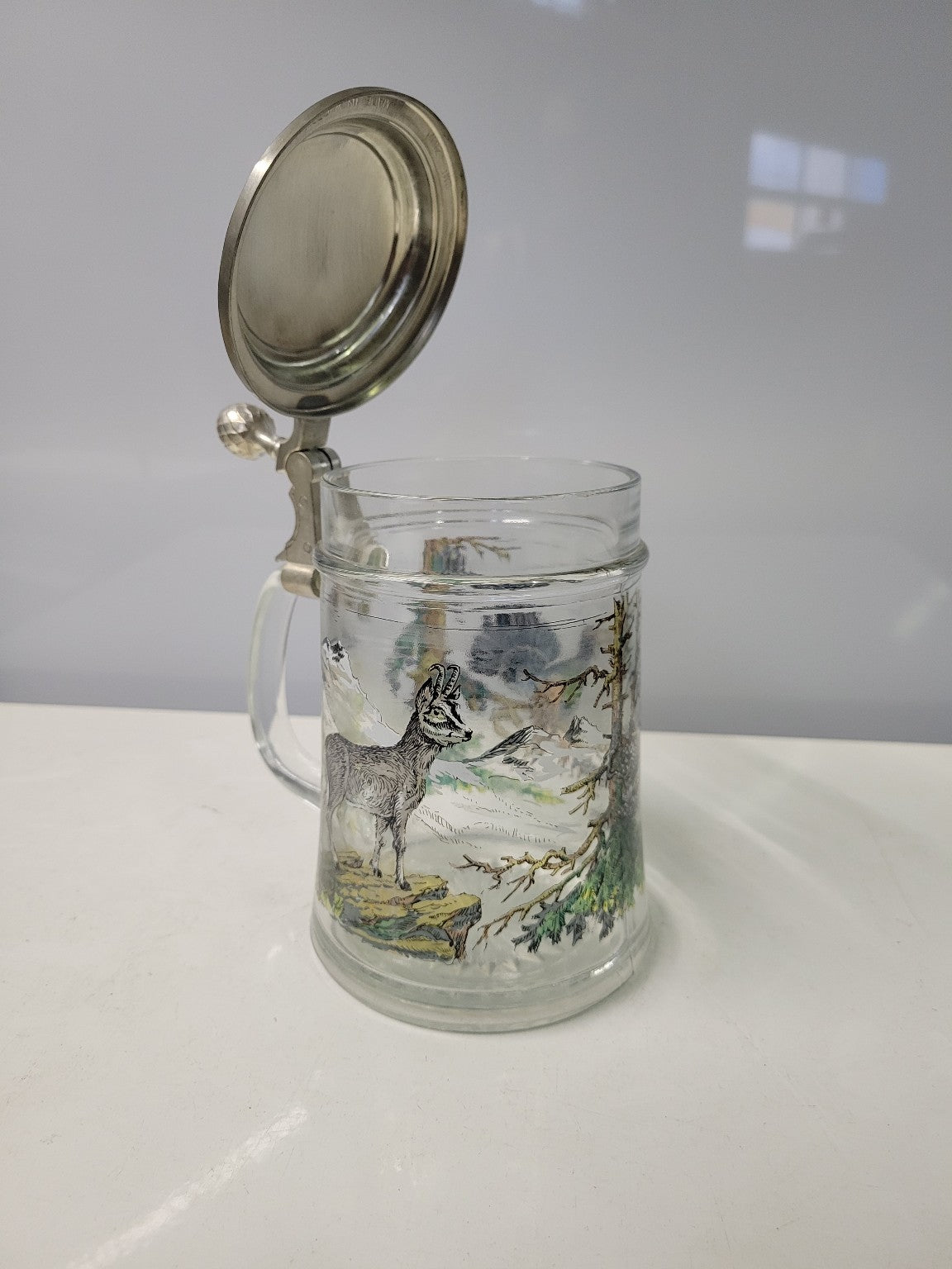 German Glass Beer Stein with Pewter Lid