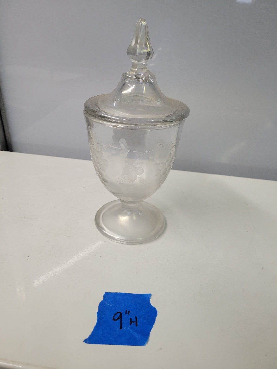 Etched Glass Lidded Compote Jar