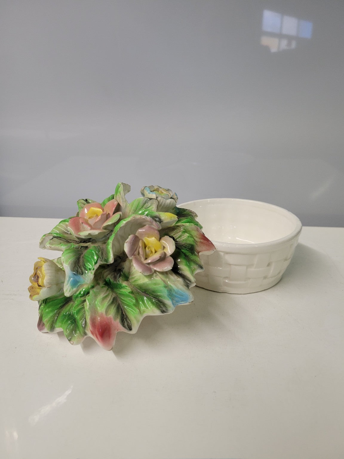 Capodimonte Style Ceramic Floral Basket Trinket Box