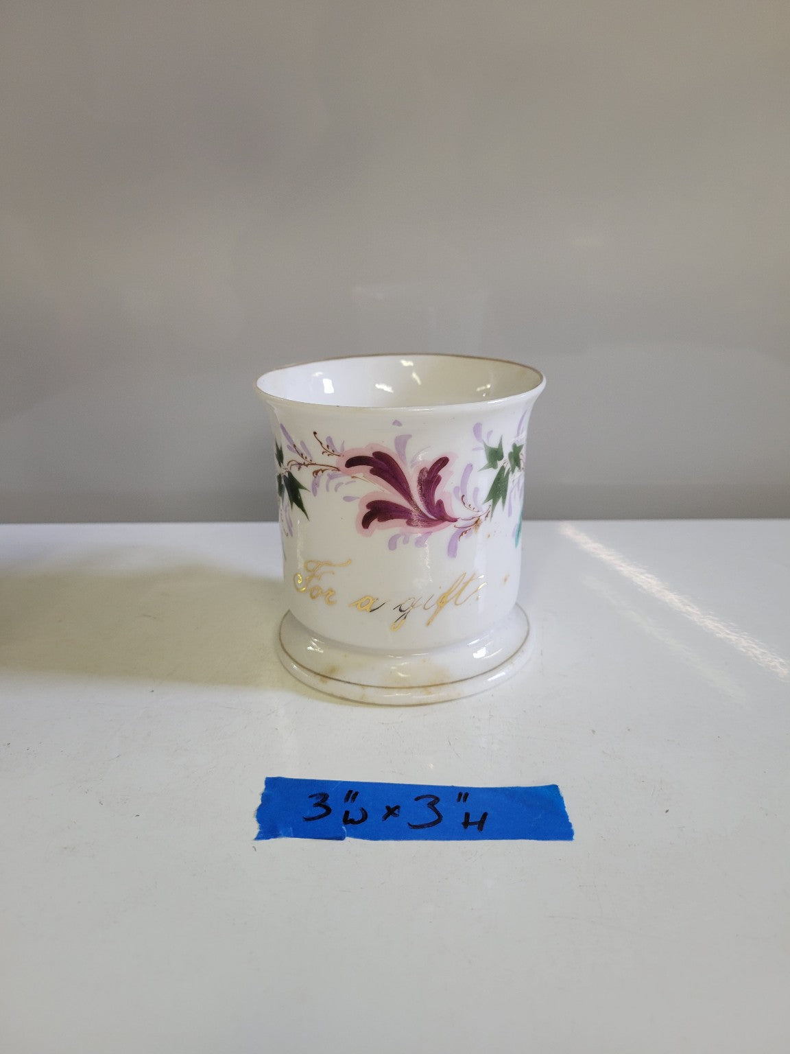 Antique Porcelain Mug – “For a Gift” Floral Hand-Painted, 3" x 3