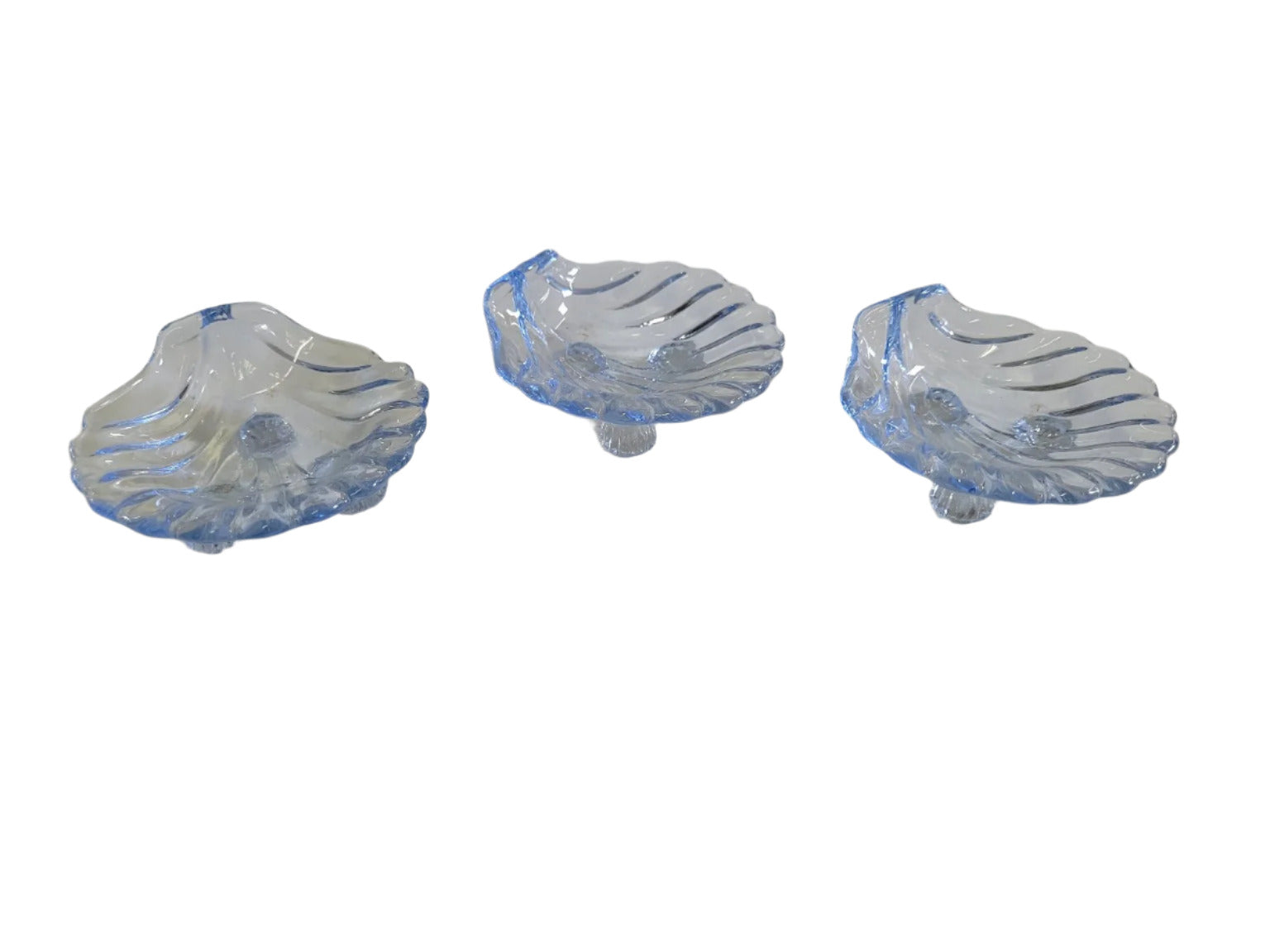 Miniature Blue Pressed Glass Shell Dishes – Set of 3, 3" x 3