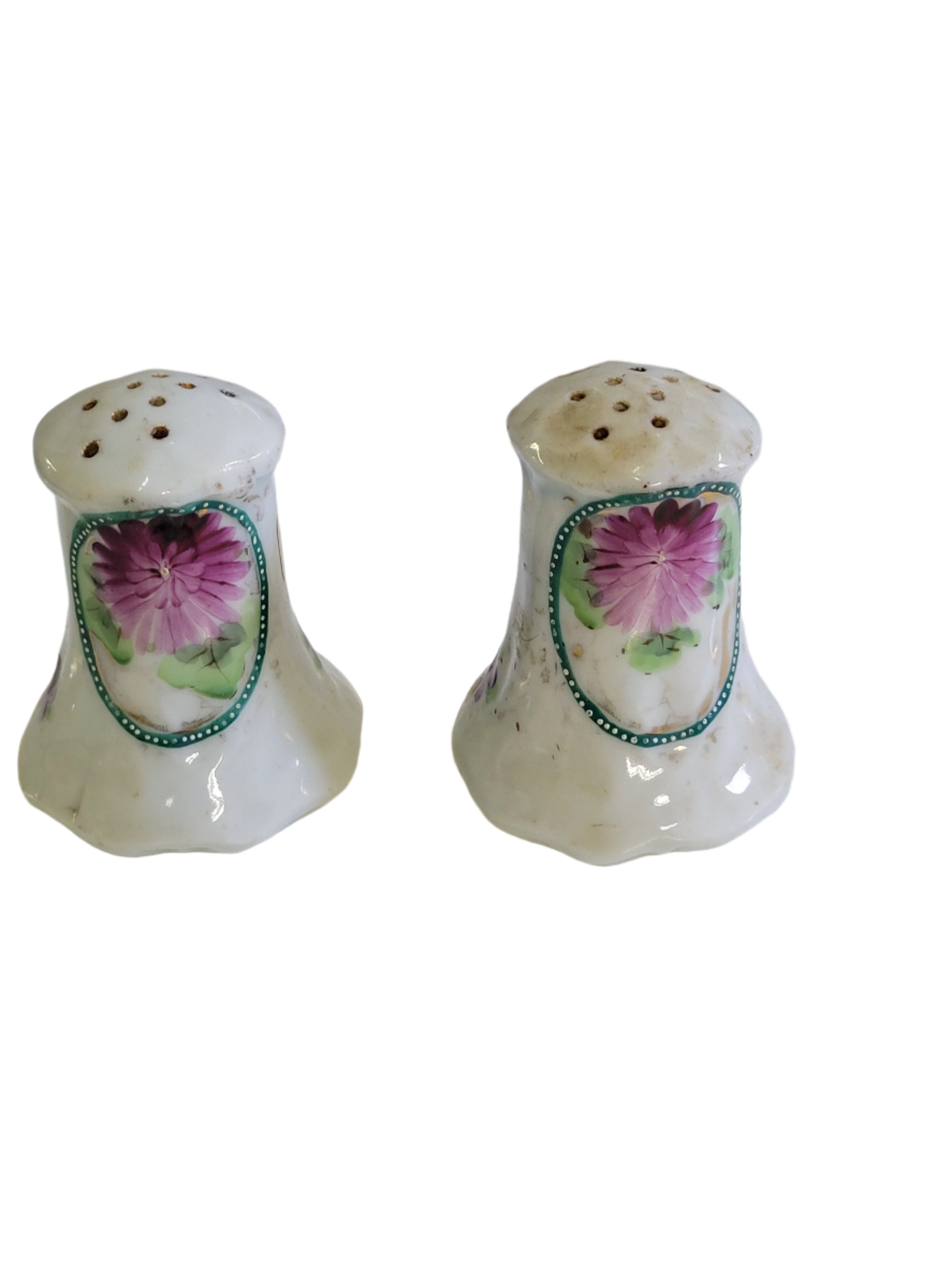 Antique Hand-Painted Floral Porcelain Salt & Pepper Shakers – Set of 2