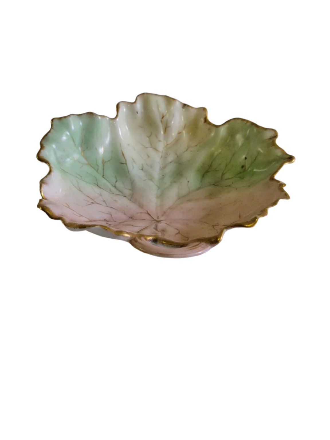 Vintage Hand-Painted Porcelain Leaf Dish – Pink & Green Glaze