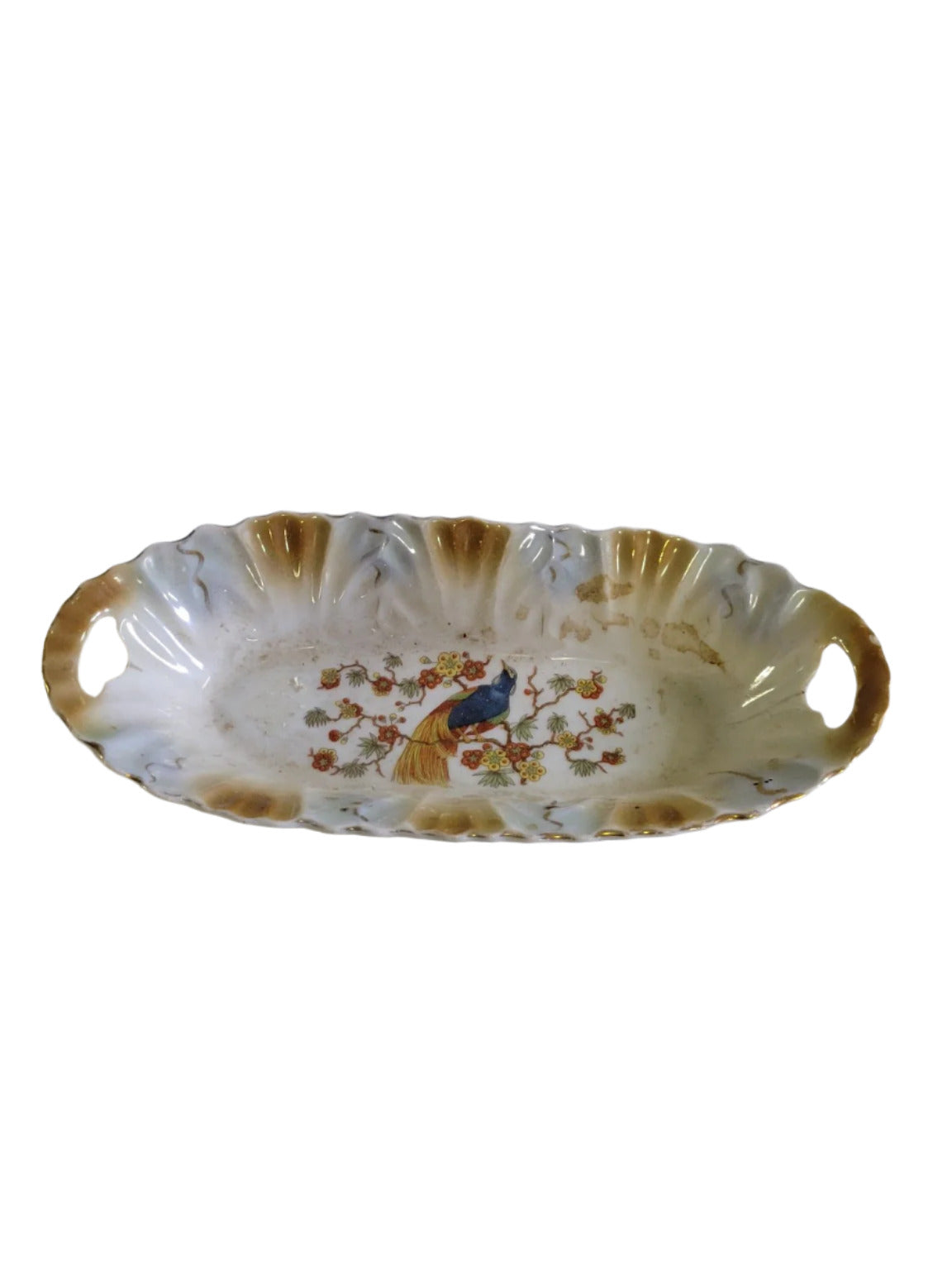 Antique German Porcelain Peacock Dish – Handled Oval Tray