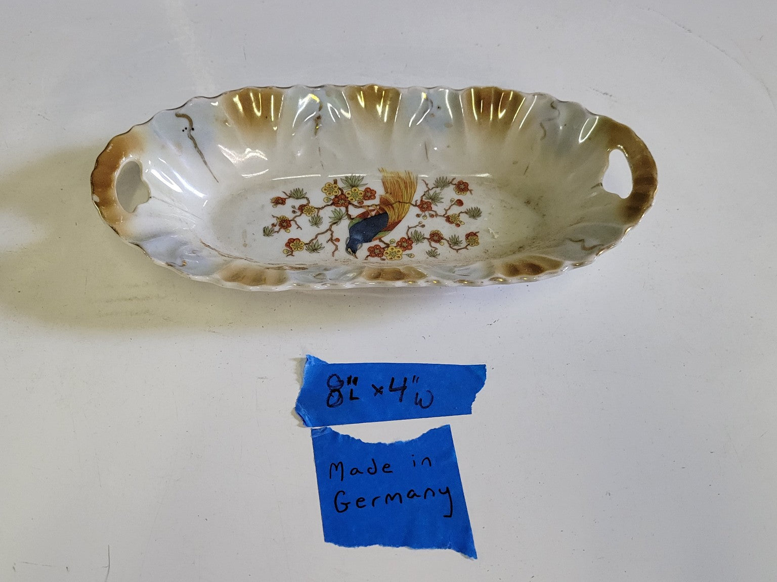 Antique German Porcelain Peacock Dish – Handled Oval Tray