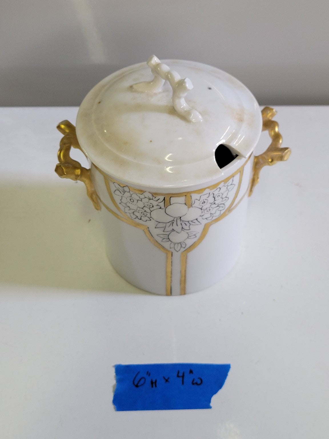Antique Porcelain Mustard Pot with Gilded Branch Handles