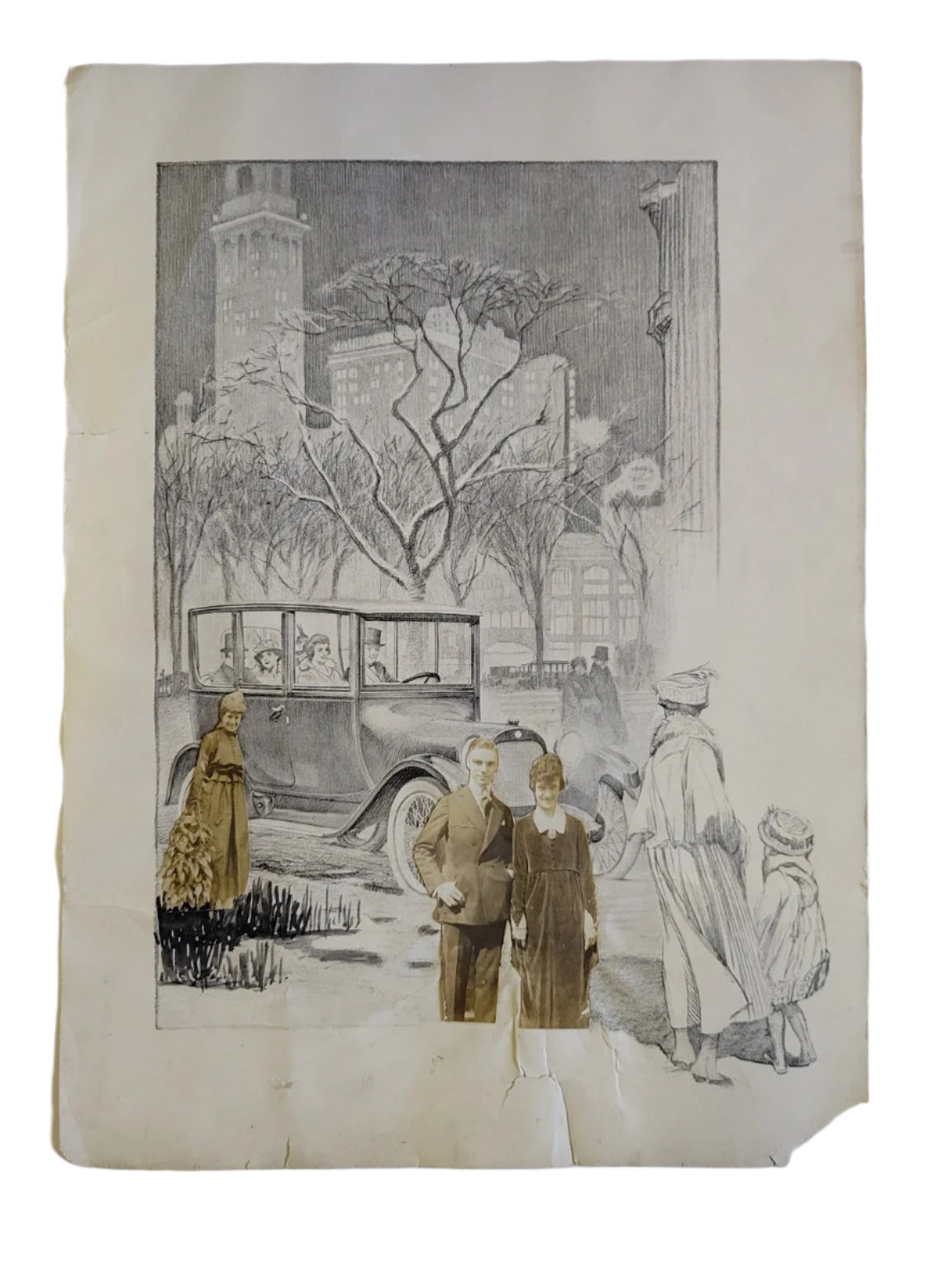 1917 Automotive Lithograph with Mixed Media Portraits – Double-Sided Print