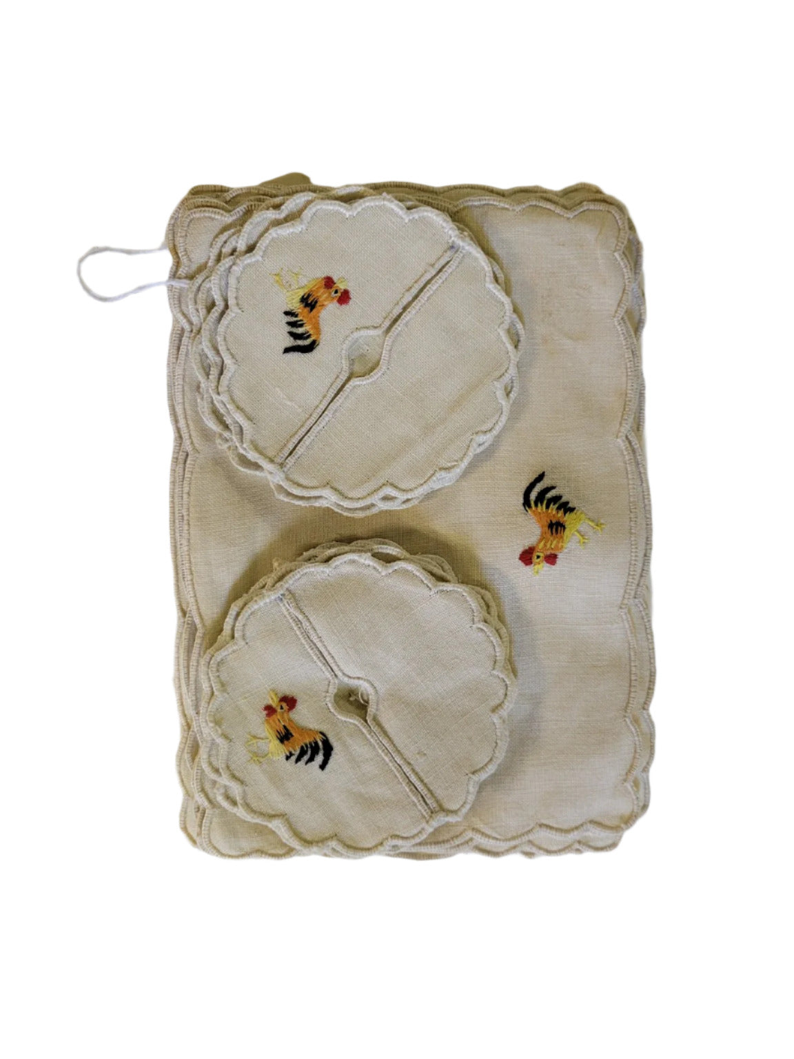 Vintage Embroidered Rooster Linen Coaster Set (6 pcs)