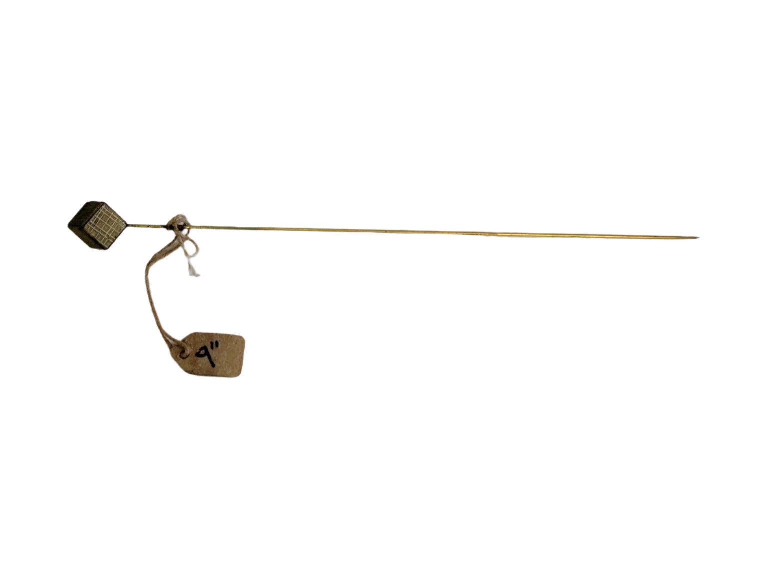 Antique Brass Hat Pin with Geometric Top – 9" Length