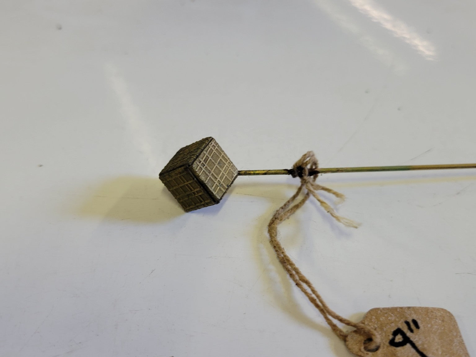 Antique Brass Hat Pin with Geometric Top – 9" Length