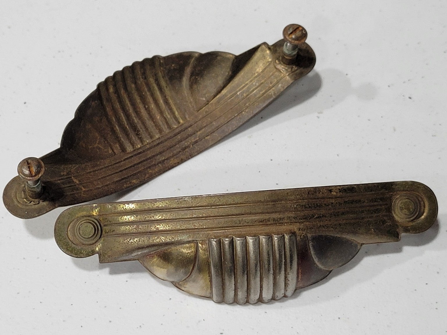 Set of 2 Art Deco Brass Drawer Pulls – Ribbed Design