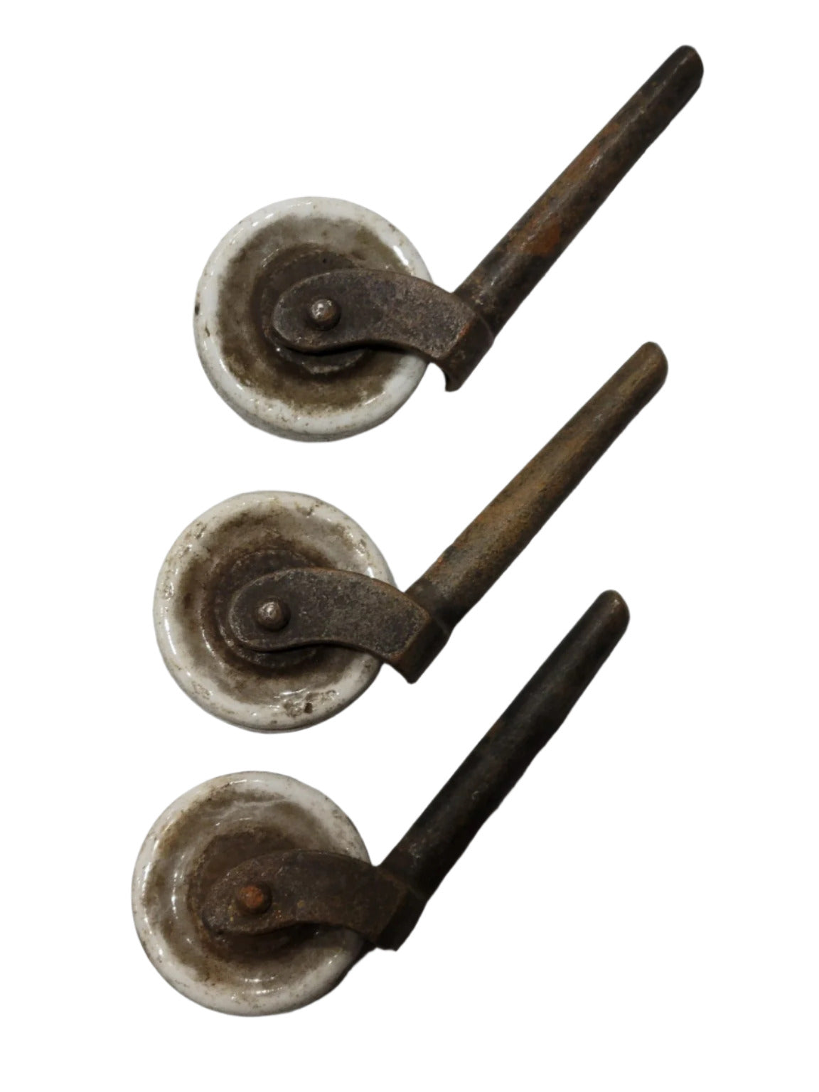 Set of 3 Antique Porcelain and Iron Furniture Casters