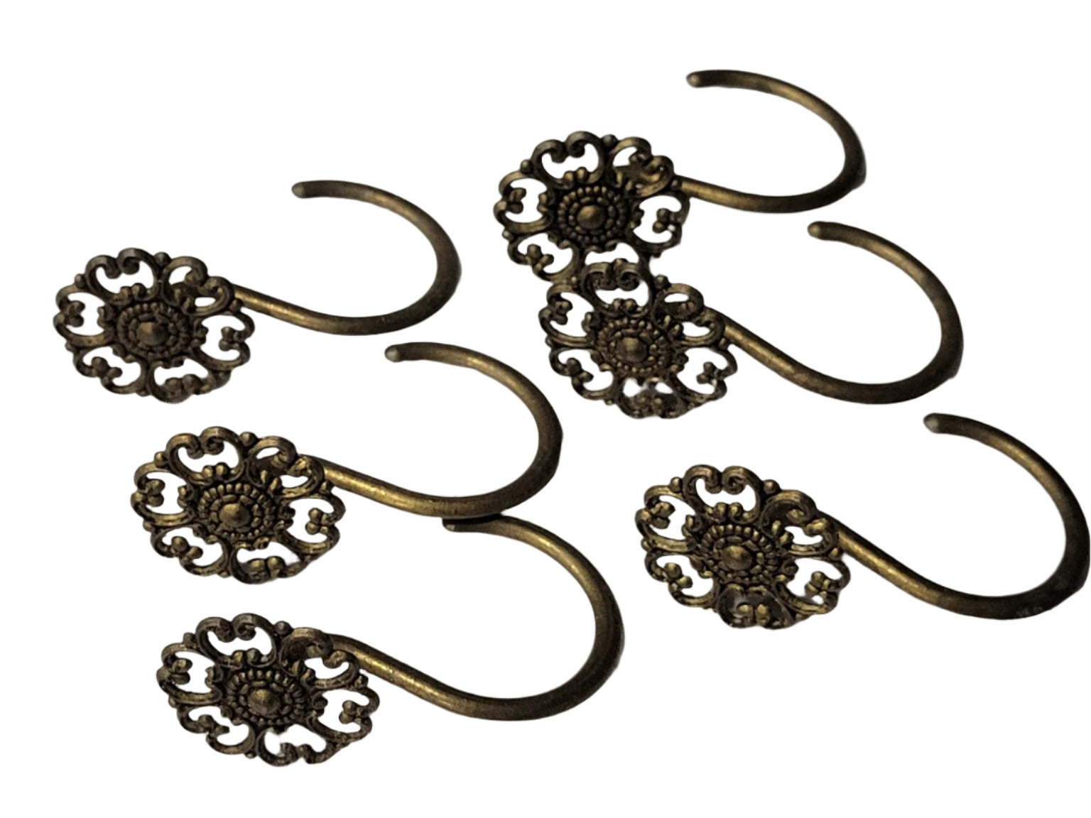 Set of 6 Ornate Brass Curtain or Tieback Hooks – Floral Medallion Design