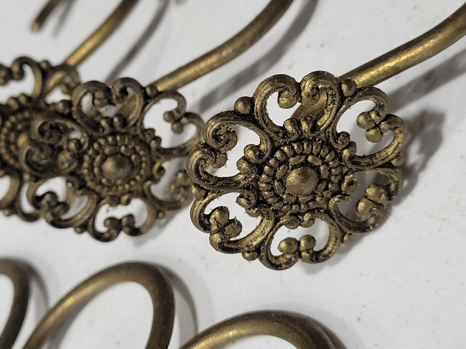 Set of 6 Ornate Brass Curtain or Tieback Hooks – Floral Medallion Design