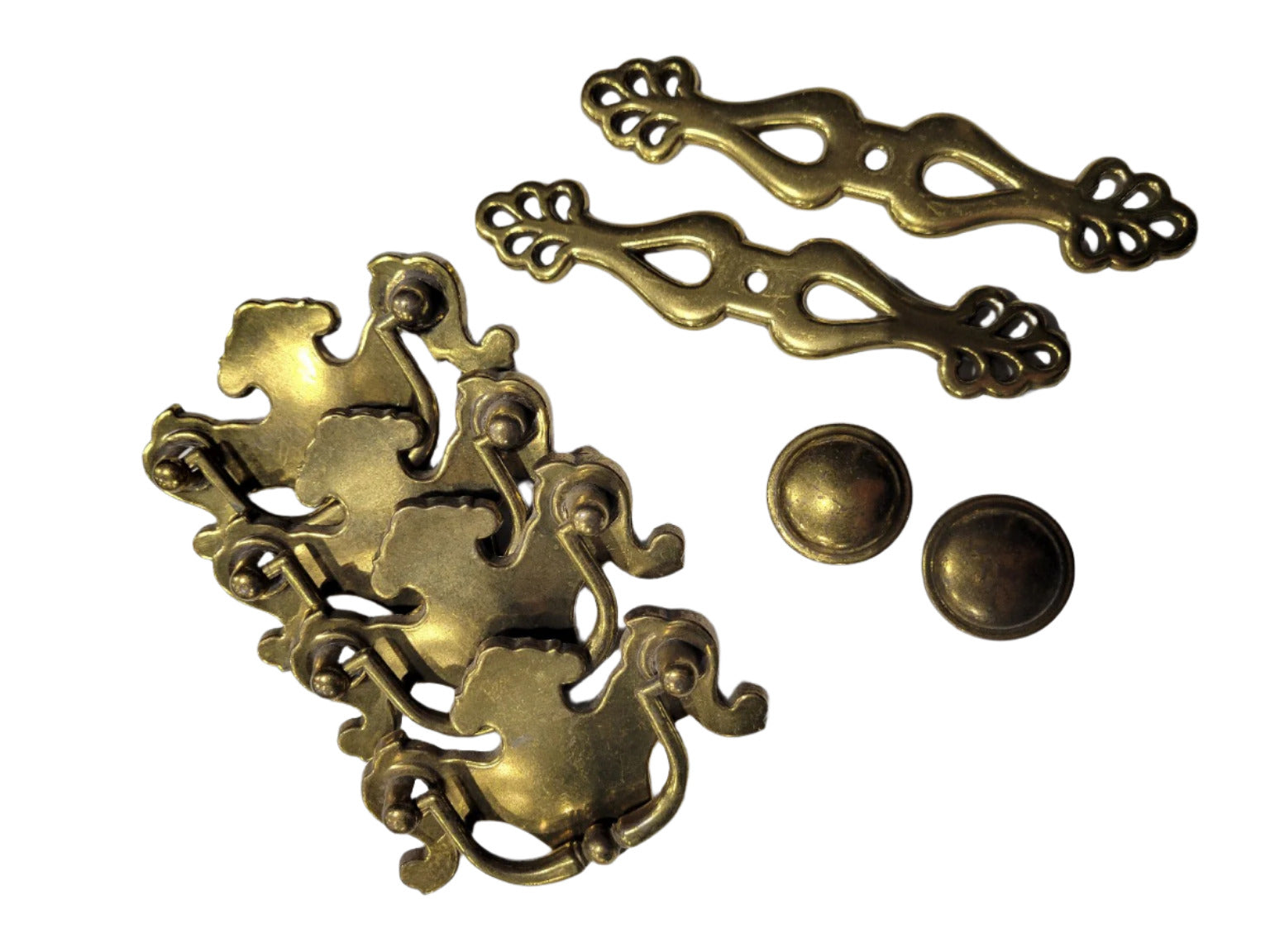 Set of 6 Mixed Vintage Brass Drawer Pulls and Backplates