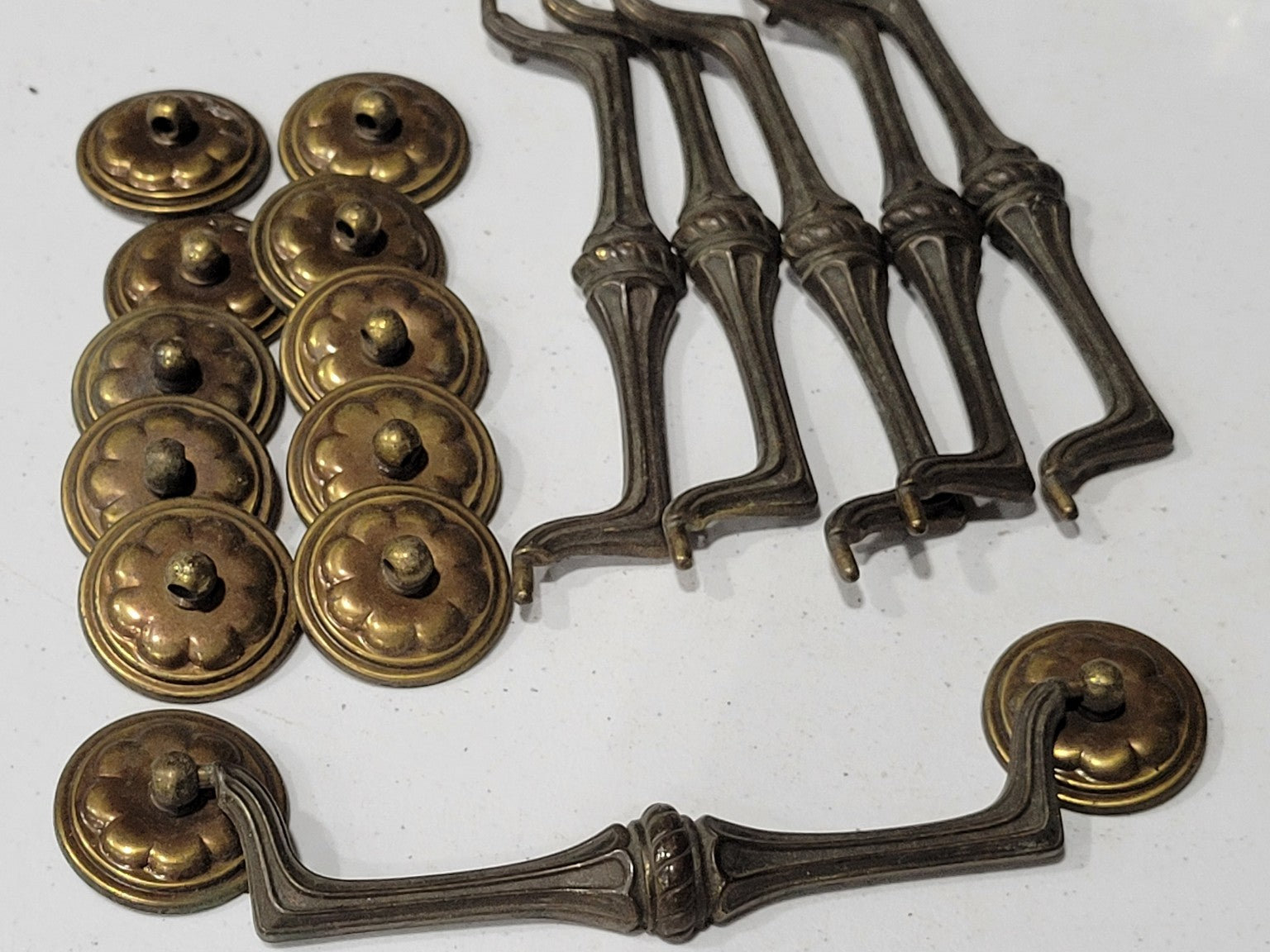 Set of 6 Vintage Brass Drawer Pulls – Federal Revival Rosette & Drop Handle