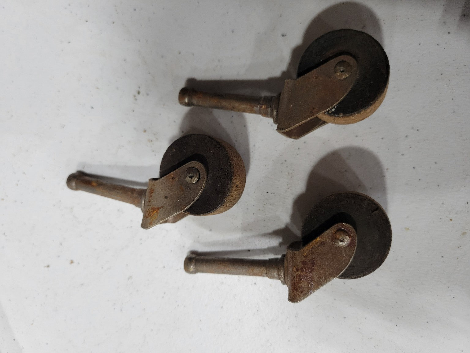 Set of 3 Antique Wood Wheel Casters with Iron Yoke
