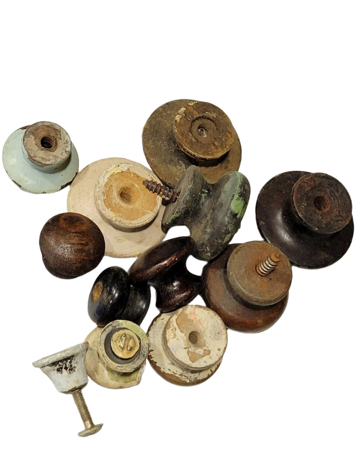 Lot of 12 Salvaged Wooden Drawer Knobs – Assorted Finishes